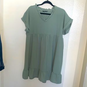 Green Dress with Ruffled V Neck